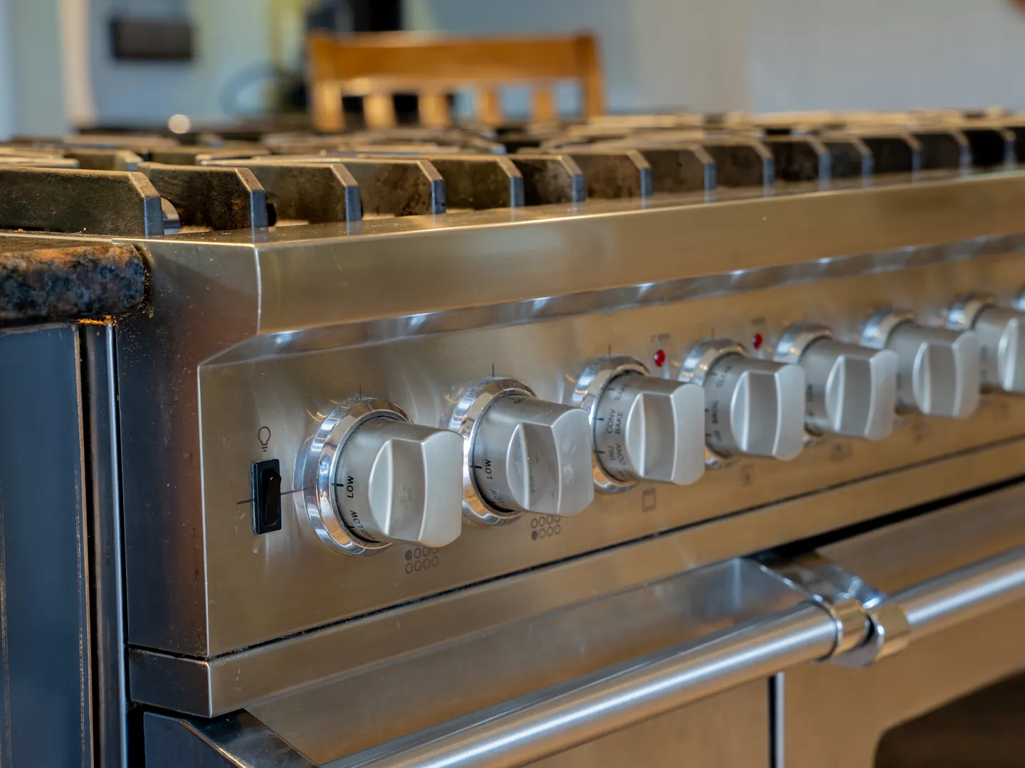 Professional-style range and metal control detail